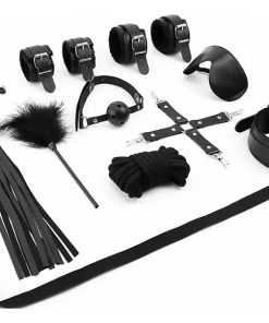 Kit Bdsm 11 Piezas Esposas Cuerda Latigo Mordaza Cegadera